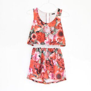 JANICE Red Floral Rose Cut-out Mesh Romper | Size Small